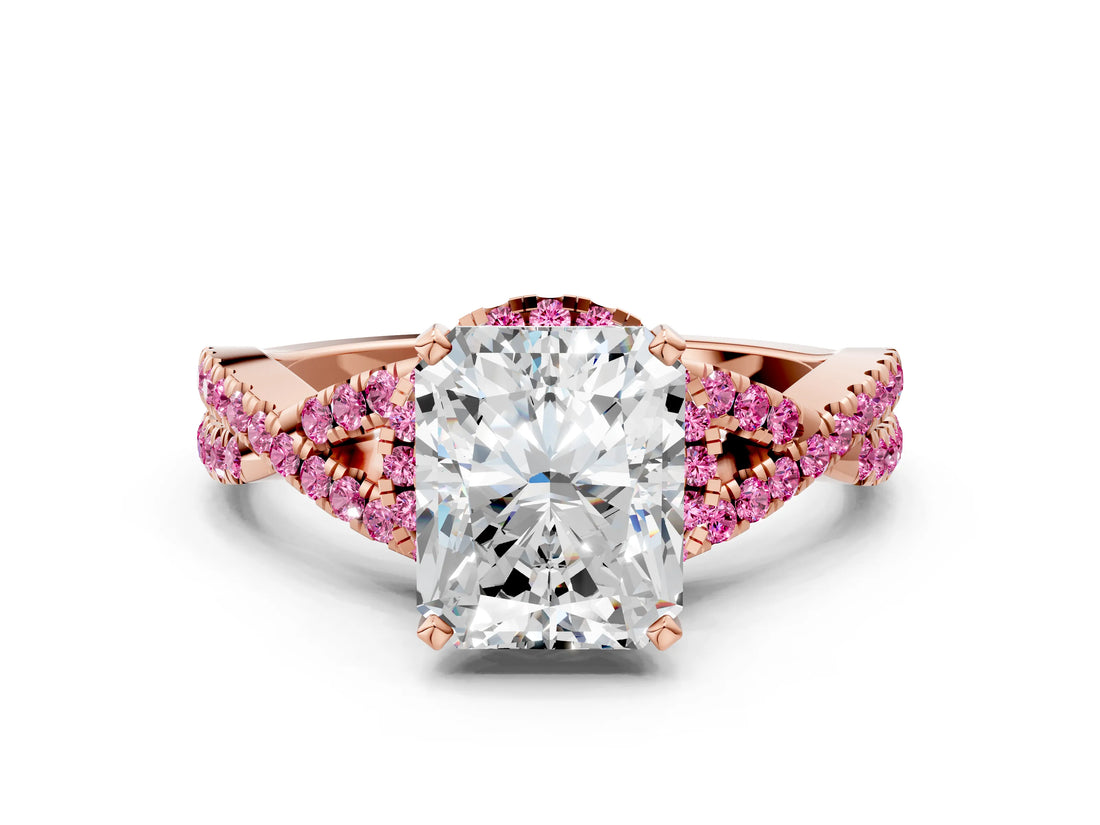 Rose gold Radiant Cut Diamond with Pink Sapphire side stone Halo Twist Band Solitaire Prong Setting Ring_12