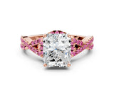 Rose gold Radiant Cut Diamond with Pink Sapphire side stone Halo Twist Band Solitaire Prong Setting Ring_12