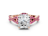 Rose gold Radiant Cut Diamond with Pink Sapphire side stone Halo Twist Band Solitaire Prong Setting Ring_24