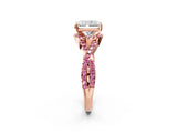 Rose gold Radiant Cut Diamond with Pink Sapphire side stone Halo Twist Band Solitaire Prong Setting Ring_26