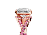 Rose gold Radiant Cut Diamond with Pink Sapphire side stone Halo Twist Band Solitaire Prong Setting Ring_29