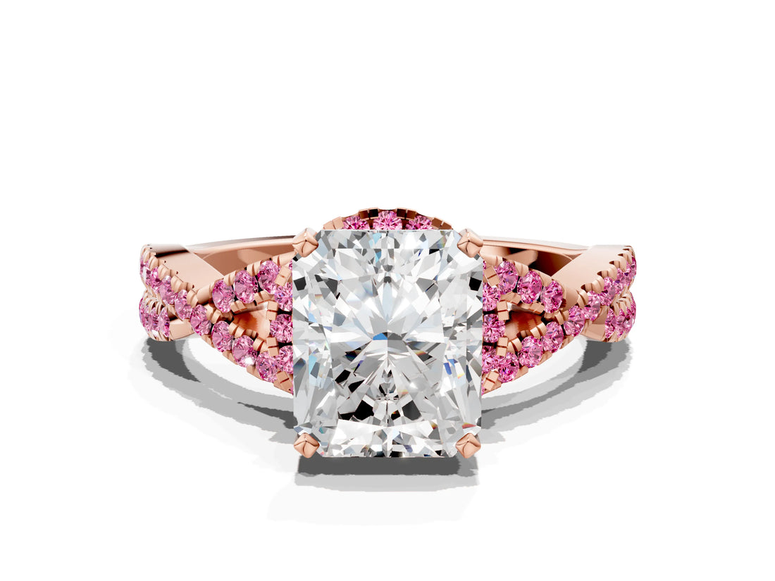 Rose gold Radiant Cut Diamond with Pink Sapphire side stone Halo Twist Band Solitaire Prong Setting Ring_30
