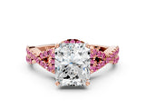 Rose gold Radiant Cut Diamond with Pink Sapphire side stone Halo Twist Band Solitaire Prong Setting Ring_42