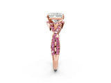 Rose gold Radiant Cut Diamond with Pink Sapphire side stone Halo Twist Band Solitaire Prong Setting Ring_44