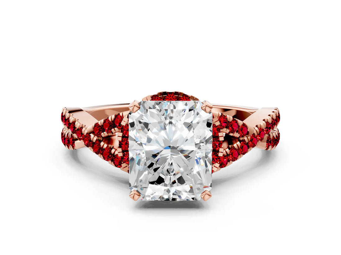 Rose gold Radiant Cut Diamond with Ruby side stone Halo Twist Band Solitaire Prong Setting Ring_30