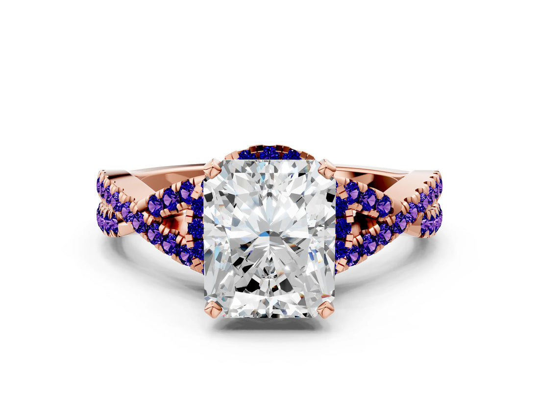 Rose gold Radiant Cut Diamond with Tanzanite side stone Halo Twist Band Solitaire Prong Setting Ring_12