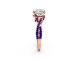 Rose gold Radiant Cut Diamond with Tanzanite side stone Halo Twist Band Solitaire Prong Setting Ring_14