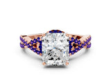 Rose gold Radiant Cut Diamond with Tanzanite side stone Halo Twist Band Solitaire Prong Setting Ring_24