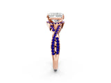 Rose gold Radiant Cut Diamond with Tanzanite side stone Halo Twist Band Solitaire Prong Setting Ring_26
