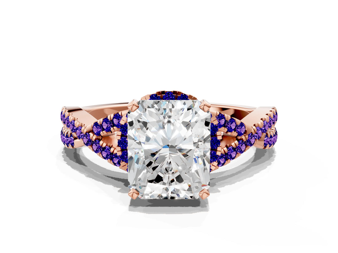 Rose gold Radiant Cut Diamond with Tanzanite side stone Halo Twist Band Solitaire Prong Setting Ring_30