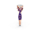 Rose gold Radiant Cut Diamond with Tanzanite side stone Halo Twist Band Solitaire Prong Setting Ring_32