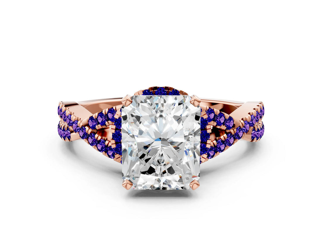 Rose gold Radiant Cut Diamond with Tanzanite side stone Halo Twist Band Solitaire Prong Setting Ring_42