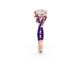 Rose gold Radiant Cut Diamond with Tanzanite side stone Halo Twist Band Solitaire Prong Setting Ring_44
