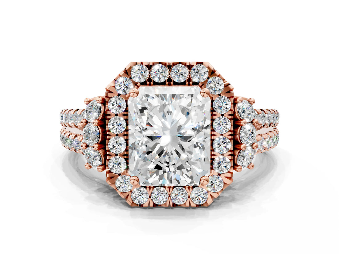 Rose gold Radiant Cut Double Halo Diamond Engagement Ring with Pave Band and Four-Prong Setting_43