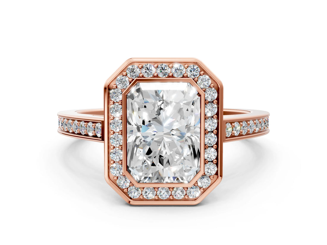 Rose gold Radiant Cut Halo Bezel Diamond Pave Band Ring_9