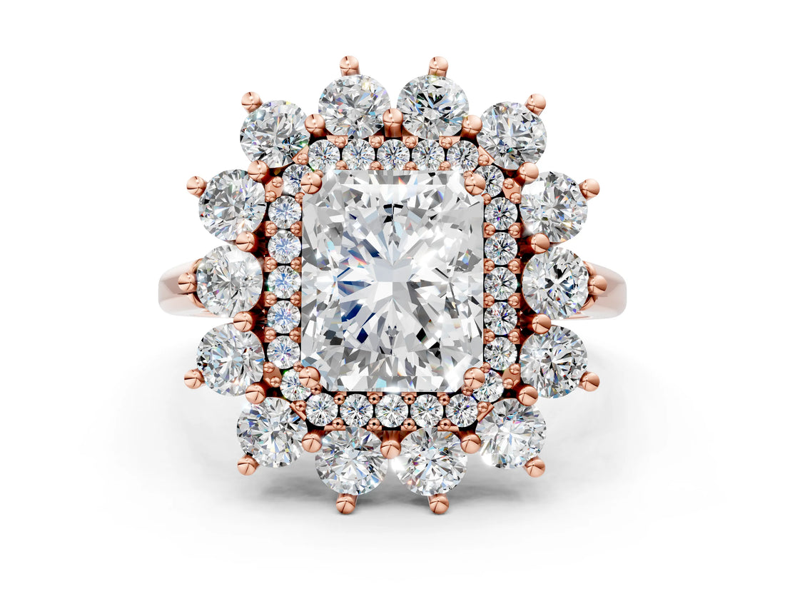 Rose gold Radiant Cut Halo Cluster Diamond Ring with Pave Band and Four-Prong Setting_15