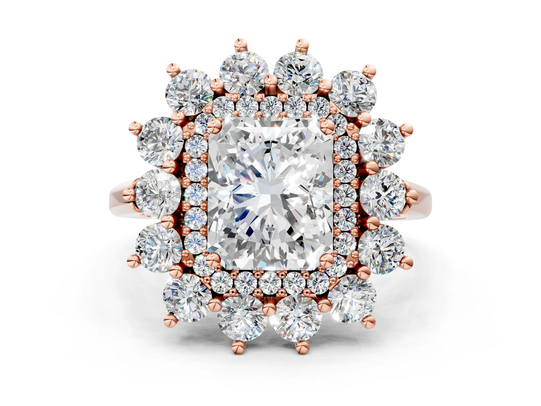 Rose gold Radiant Cut Halo Cluster Diamond Ring with Pave Band and Four-Prong Setting_3