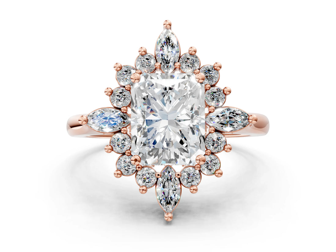 Rose gold Radiant Cut Halo Diamond Cluster Ring with Marquise and Round Stones on a White Gold Band with Prong Setting_27