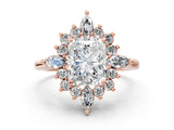 Rose gold Radiant Cut Halo Diamond Cluster Ring with Marquise and Round Stones on a White Gold Band with Prong Setting_27