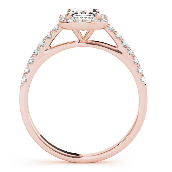 Rose gold Radiant Cut Halo Diamond Engagement Ring with Pave Band and Four-Prong Setting