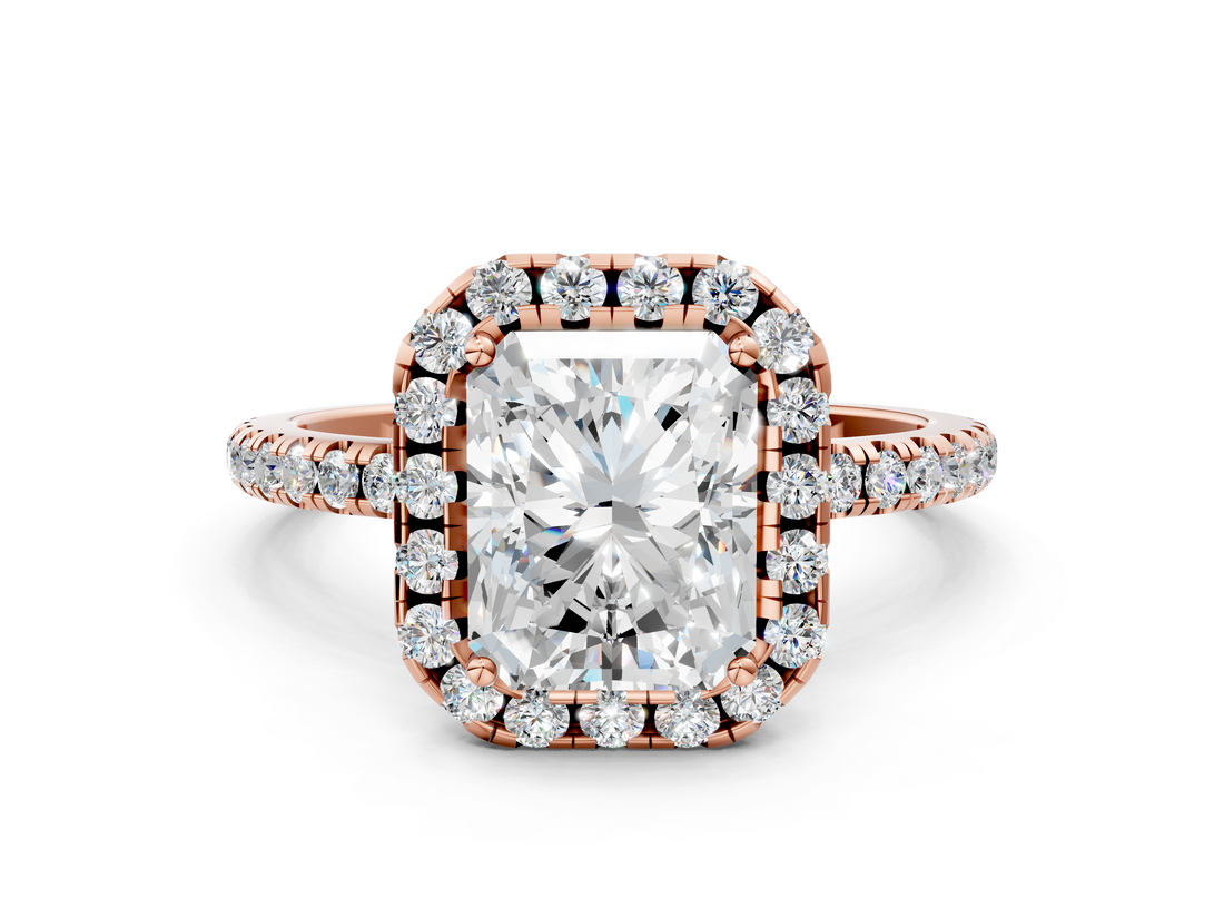 Rose gold Radiant Cut Halo Diamond Engagement Ring with Pave Band and Four-Prong Setting_20