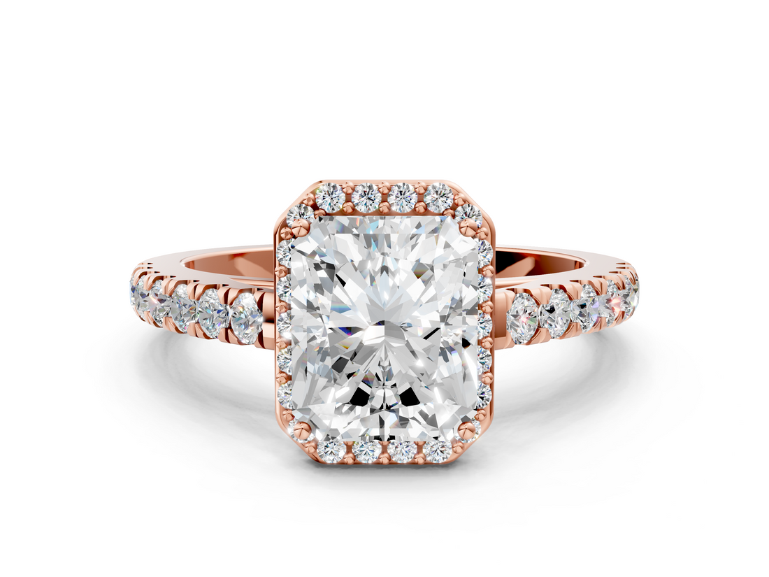 Rose gold Radiant Cut Halo Diamond Engagement Ring with Pave Band and Four-Prong Setting_41