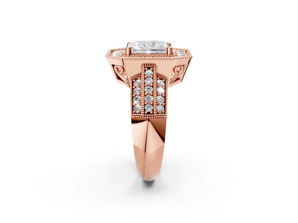 Rose gold Radiant Cut Halo Diamond Engagement Ring with Pave Split Shank and Four-Prong Setting