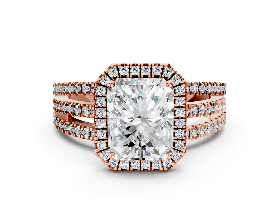 Rose gold Radiant Cut Halo Diamond Engagement Ring with Split Shank and Four-Prong Setting_20