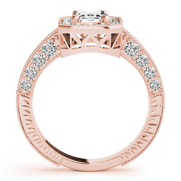 Rose gold Radiant Cut Halo Diamond Pave Band Ring with Four-Prong Setting
