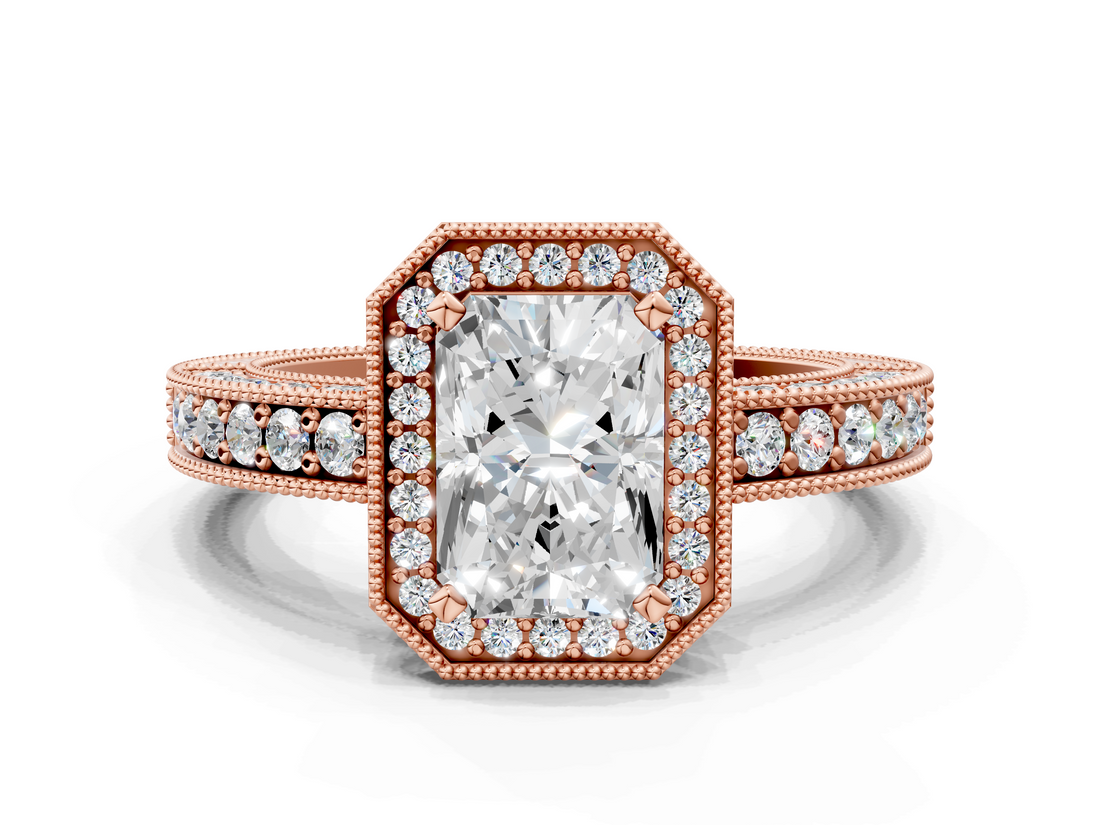 Rose gold Radiant Cut Halo Diamond Pave Band Ring with Four-Prong Setting_61