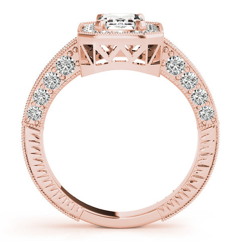 Rose gold Radiant Cut Halo Diamond Pave Band Ring with Four-Prong Setting