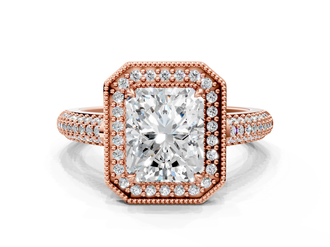 Rose gold Radiant Cut Halo Diamond Pave Band with Four-Prong Setting_53