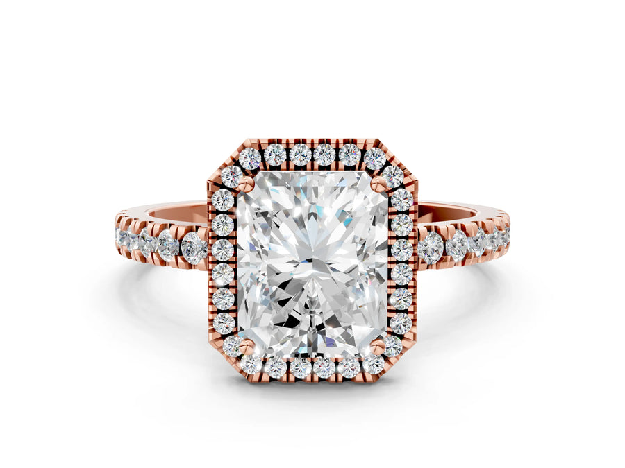 Rose gold Radiant Cut Halo Diamond Pave Band with Prong Setting