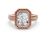 Rose gold Radiant Cut Halo Diamond Ring with Beaded Split Shank and Four-Prong Setting_9