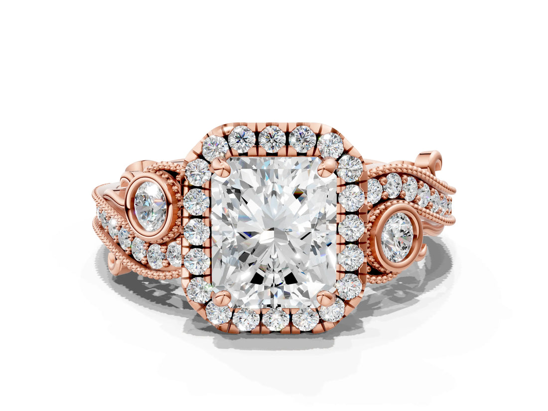 Rose gold Radiant Cut Halo Diamond Ring with Milgrain and Bezel Accents on a Split Shank Band_15