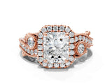 Rose gold Radiant Cut Halo Diamond Ring with Milgrain and Bezel Accents on a Split Shank Band_15
