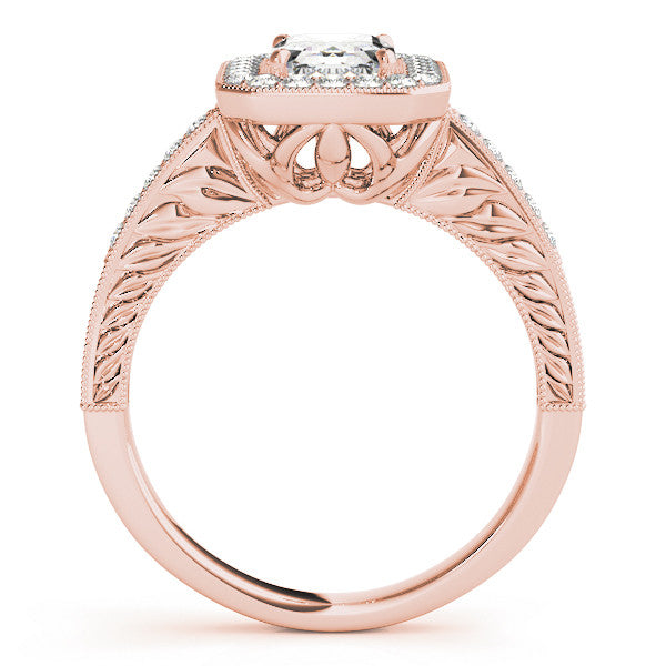 Rose gold Radiant Cut Halo Diamond Ring with Pavé Band and Four-Prong Setting 1