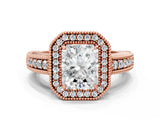 Rose gold Radiant Cut Halo Diamond Ring with Pavé Band and Four-Prong Setting_65