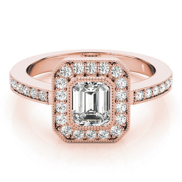 Rose gold Radiant Cut Halo Diamond Ring with Pavé Band and Milgrain Prong Setting 2