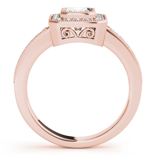 Rose gold Radiant Cut Halo Diamond Ring with Pavé Band and Milgrain Prong Setting