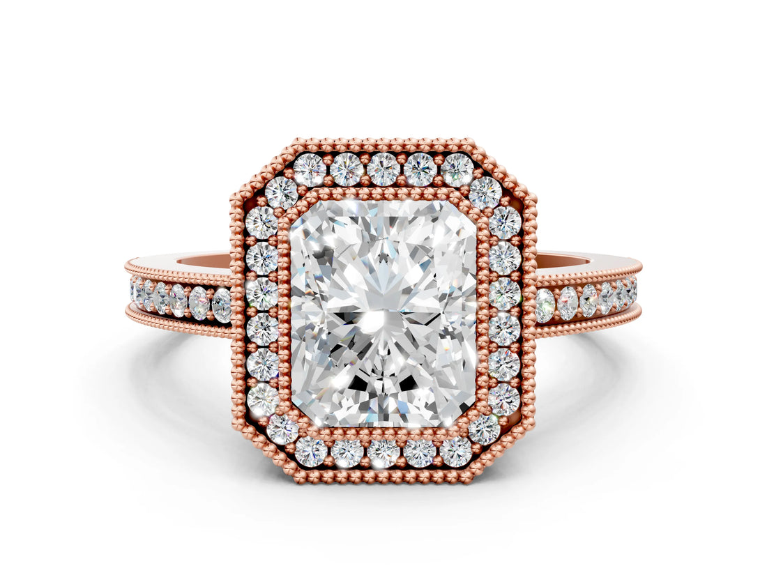 Rose gold Radiant Cut Halo Diamond Ring with Pavé Band and Milgrain Prong Setting_46