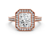 Rose gold Radiant Cut Halo Diamond Ring with Pavé Band and Milgrain Prong Setting_46