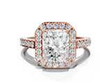 Rose gold Radiant Cut Halo Diamond Ring with Pavé Band and Three-Prong Setting_3