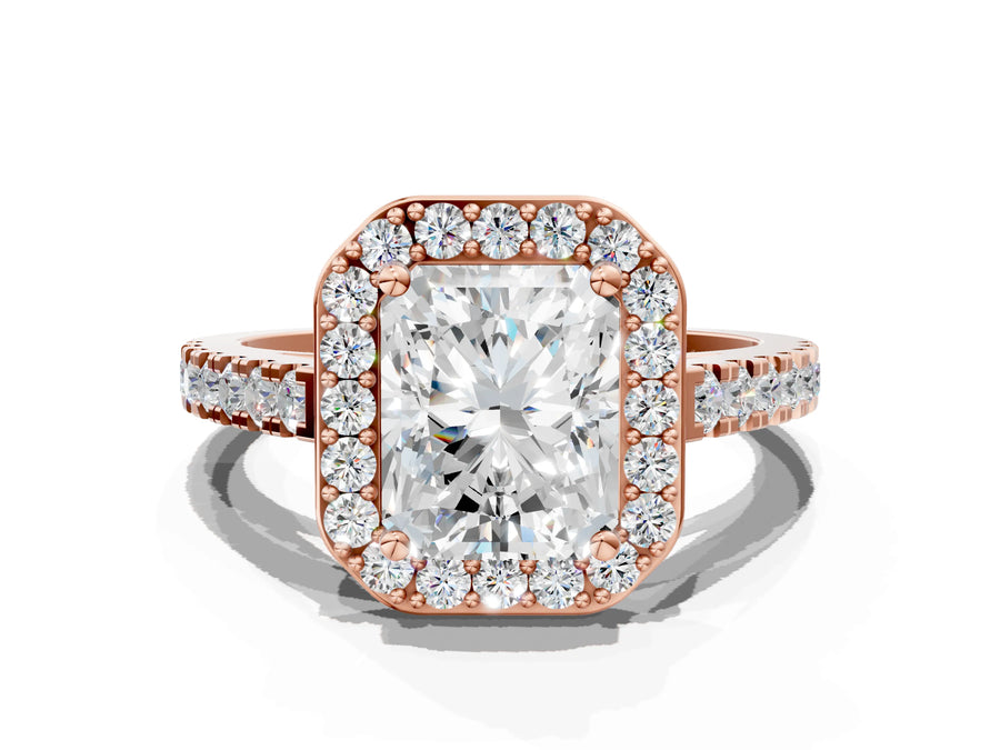 Rose gold Radiant Cut Halo Diamond Ring with Pavé Band and Three-Prong Setting