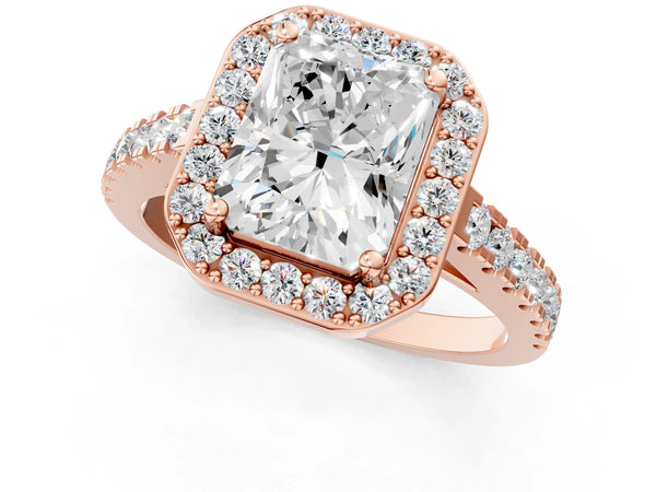 Rose gold Radiant Cut Halo Diamond Ring with Pavé Band and Three-Prong Setting