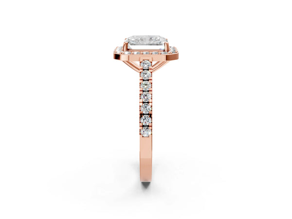 Rose gold Radiant Cut Halo Diamond Ring with Pavé Band and Three-Prong Setting