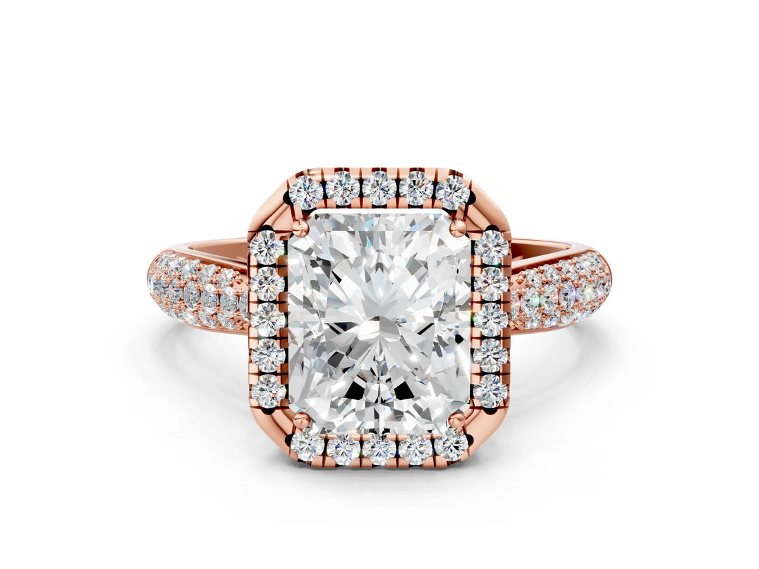 Rose gold Radiant Cut Halo Diamond Ring with Pavé Band_15