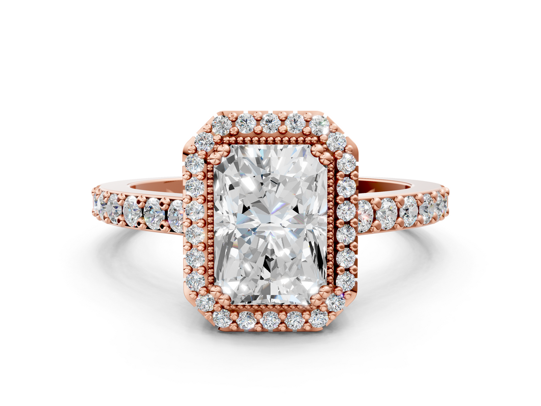 Rose gold Radiant Cut Halo Diamond Ring with Pave Band and Four-Prong Setting_20