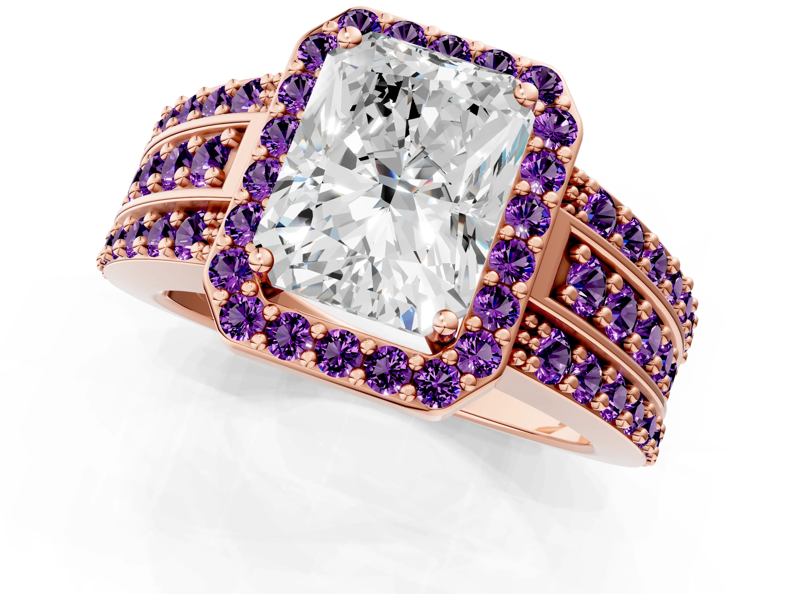 Rose gold Radiant Cut Halo Diamond Ring with Round with Amethyst side stone Split Shank and Prong Setting_1