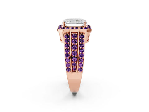 Rose gold Radiant Cut Halo Diamond Ring with Round with Amethyst side stone Split Shank and Prong Setting_2